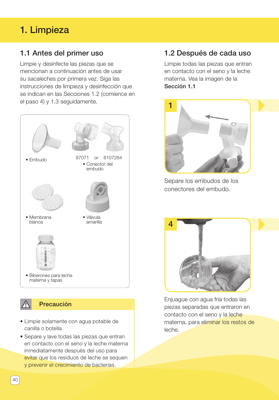 Limpieza, 1 antes del primer uso, 2 después de cada uso | Medela Pump In Style User Manual | Page 40 / 100
