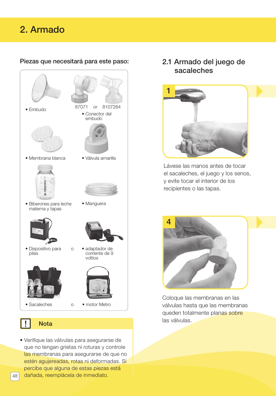 Armado, 1 armado del juego de sacaleches | Medela Pump In Style User Manual | Page 48 / 100