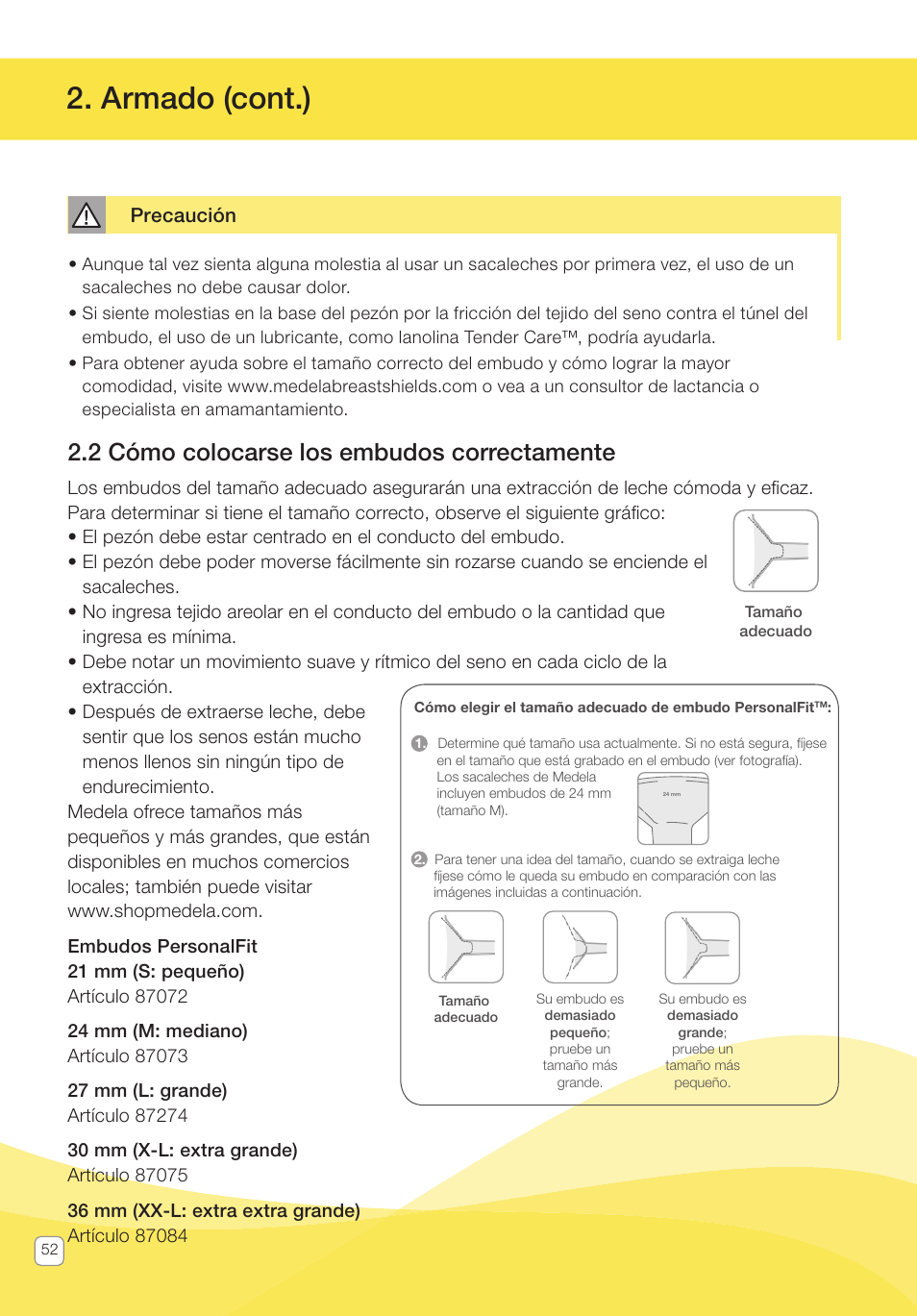 Armado (cont.), 2 cómo colocarse los embudos correctamente, Precaución | Medela Pump In Style User Manual | Page 52 / 100
