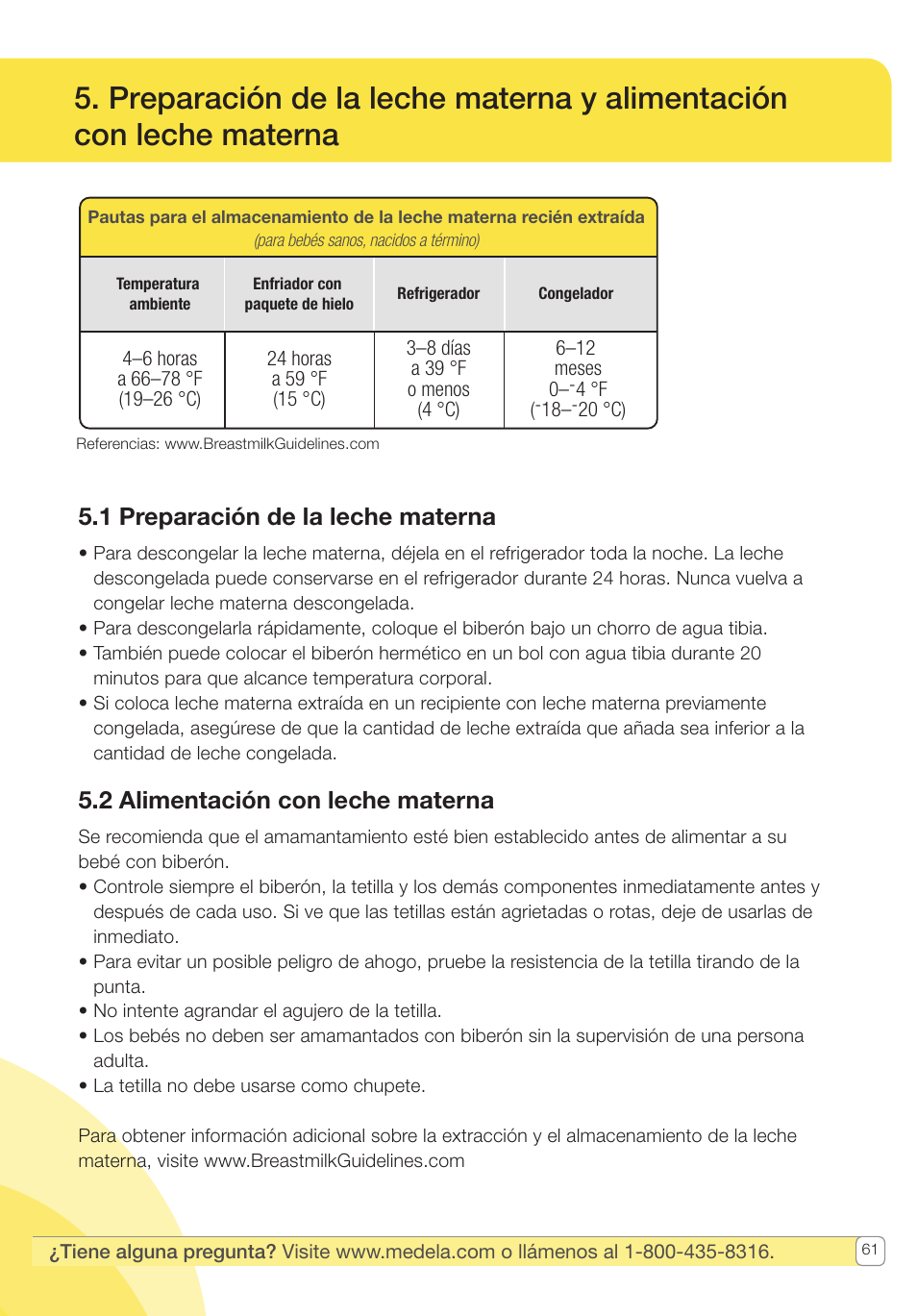 1 preparación de la leche materna, 2 alimentación con leche materna | Medela Pump In Style User Manual | Page 61 / 100