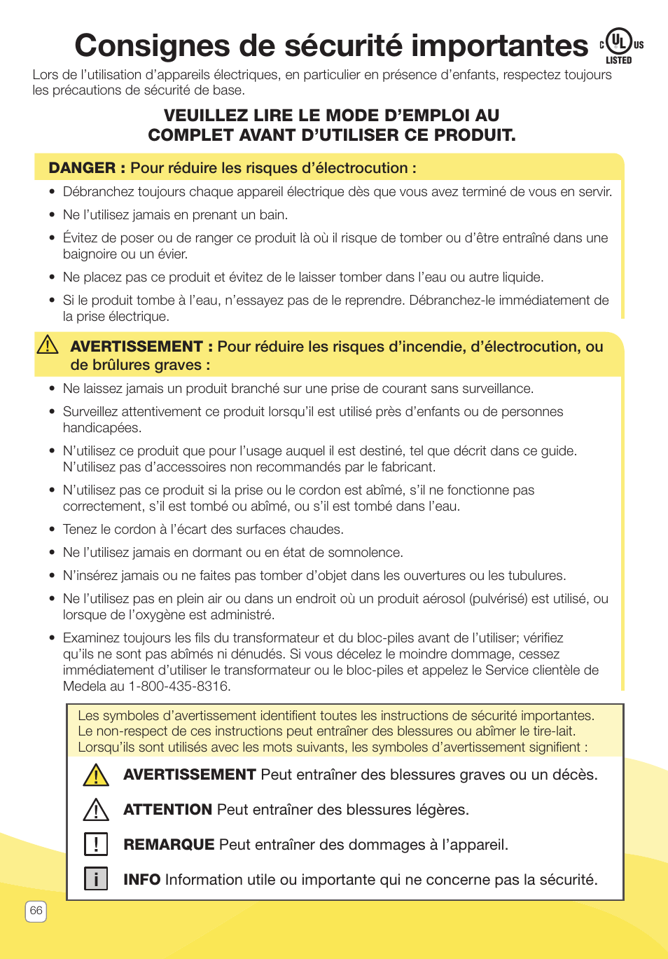 Consignes de sécurité importantes | Medela Pump In Style User Manual | Page 66 / 100