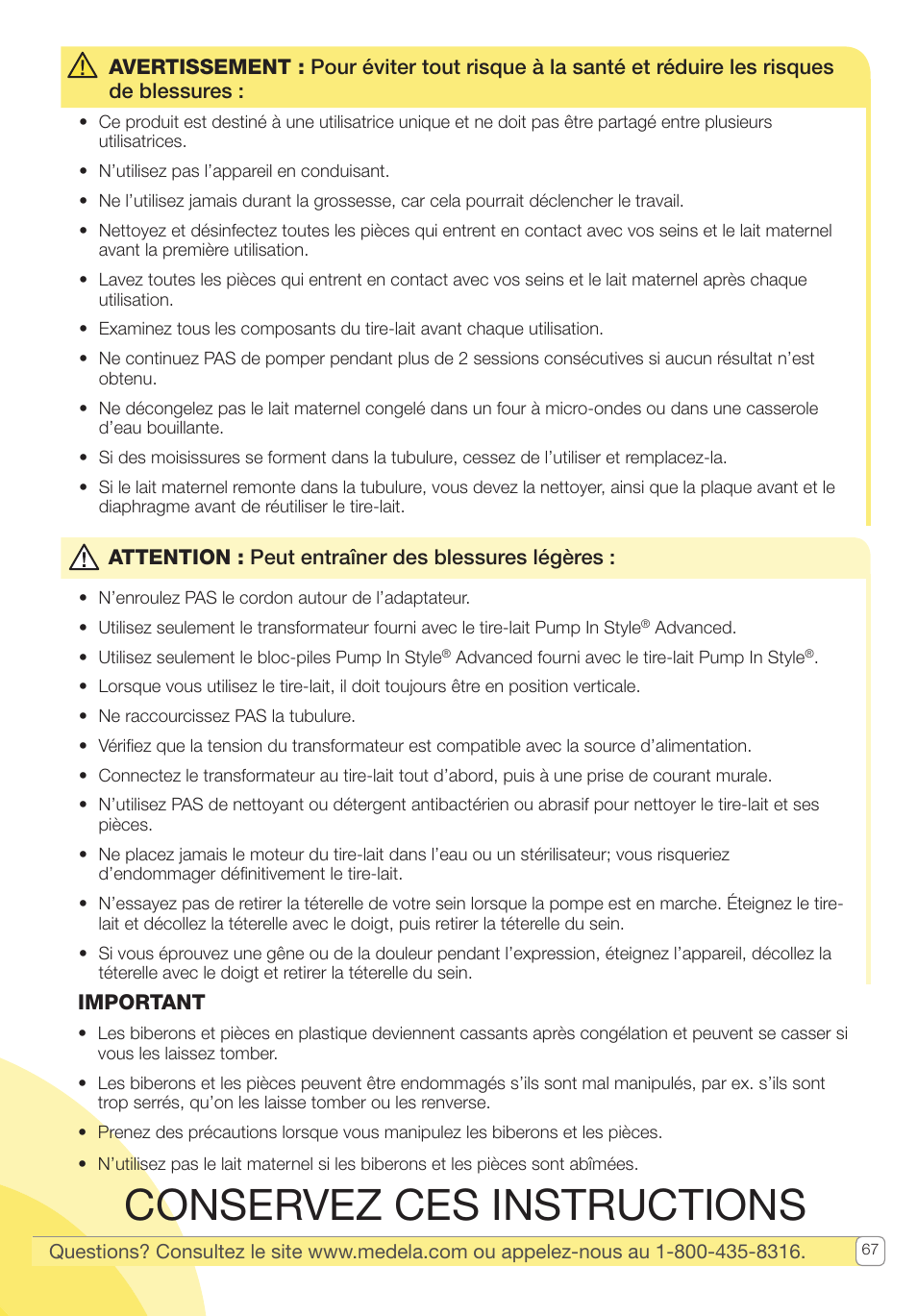 Conservez ces instructions | Medela Pump In Style User Manual | Page 67 / 100