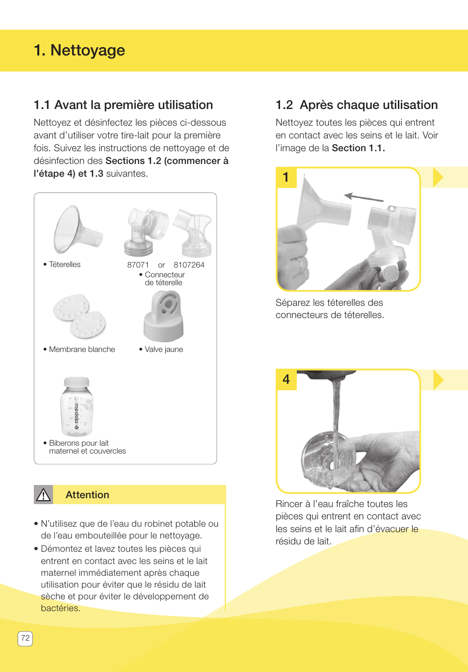 Nettoyage, 1 avant la première utilisation, 2 après chaque utilisation | Medela Pump In Style User Manual | Page 72 / 100