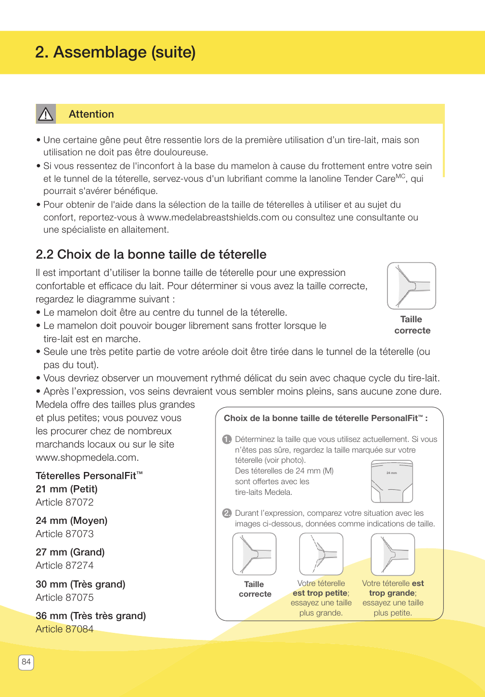 Assemblage (suite), 2 choix de la bonne taille de téterelle | Medela Pump In Style User Manual | Page 84 / 100