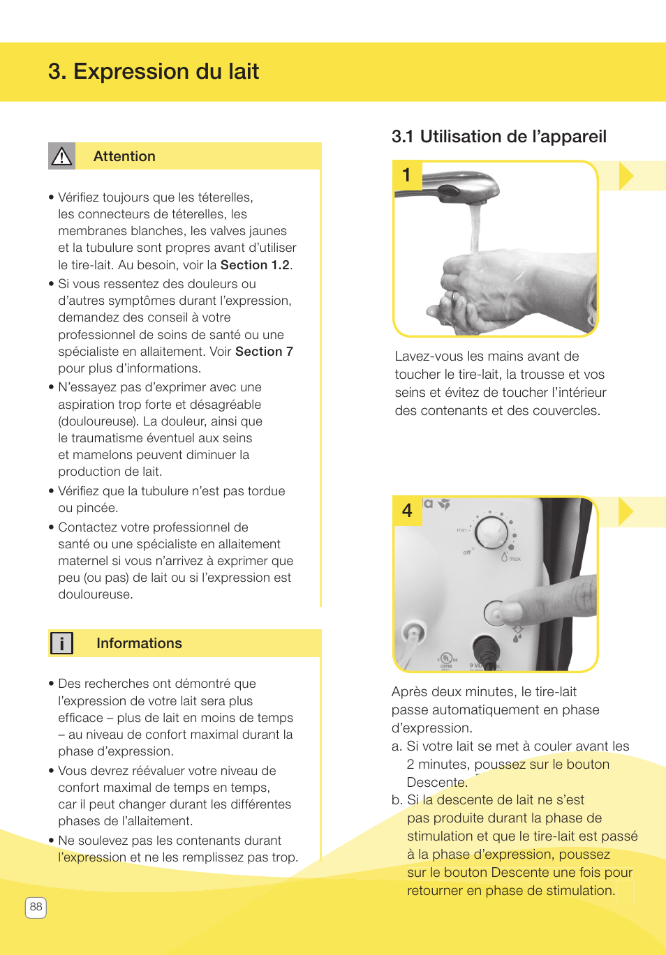 Expression du lait, 1 utilisation de l’appareil | Medela Pump In Style User Manual | Page 88 / 100