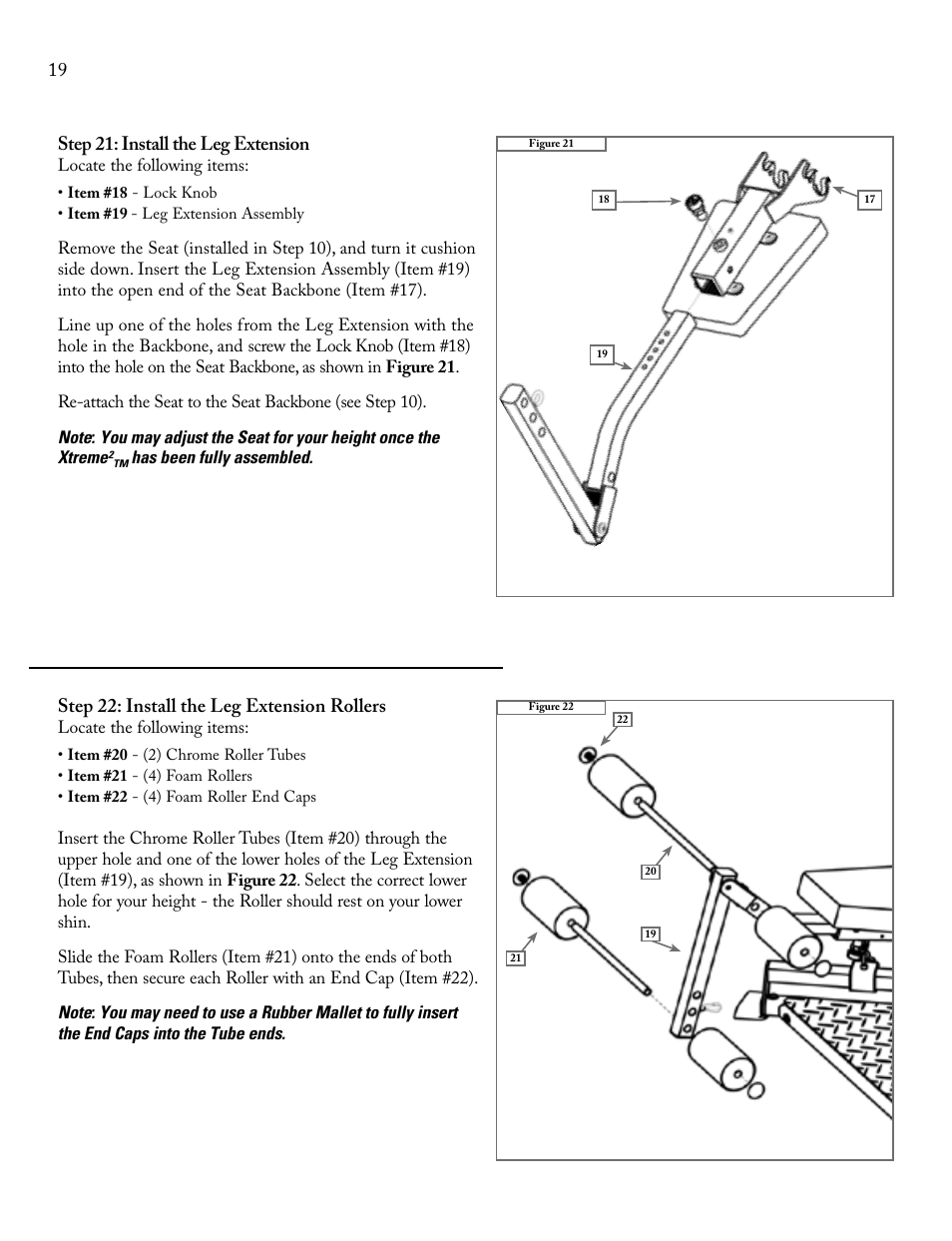 19 step 21: install the leg extension, Step 22: install the leg extension rollers | Bowflex Xtreme 2 User Manual | Page 21 / 23