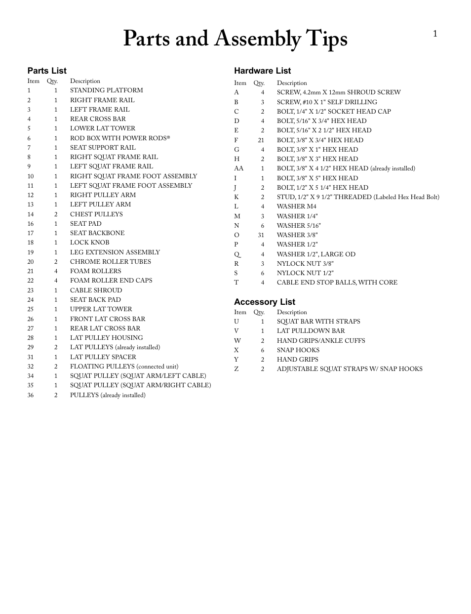 Parts and assembly tips, Parts list, Hardware list | Accessory list | Bowflex Xtreme 2 User Manual | Page 3 / 23