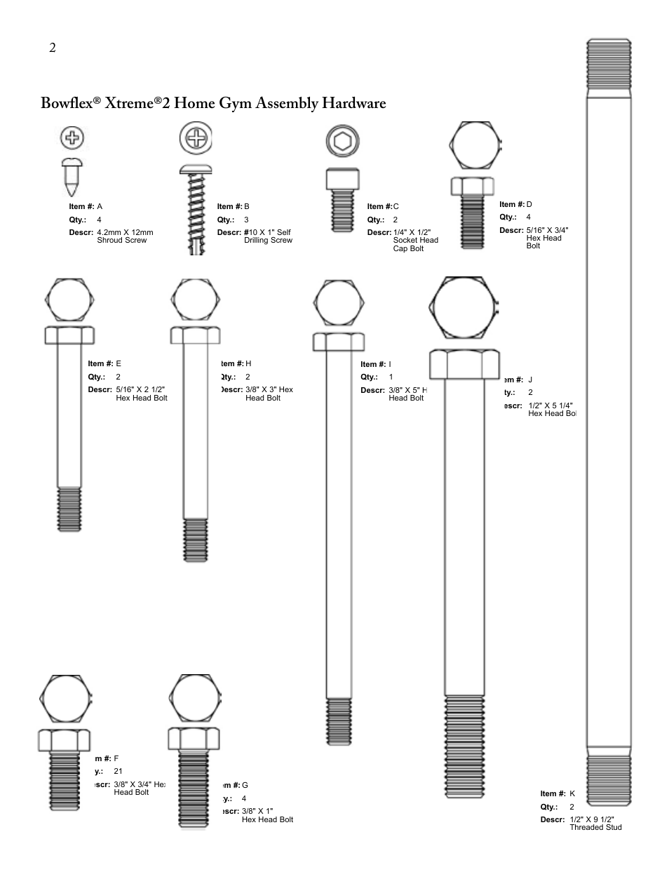 Bowflex® xtreme®2 home gym assembly hardware | Bowflex Xtreme 2 User Manual | Page 4 / 23