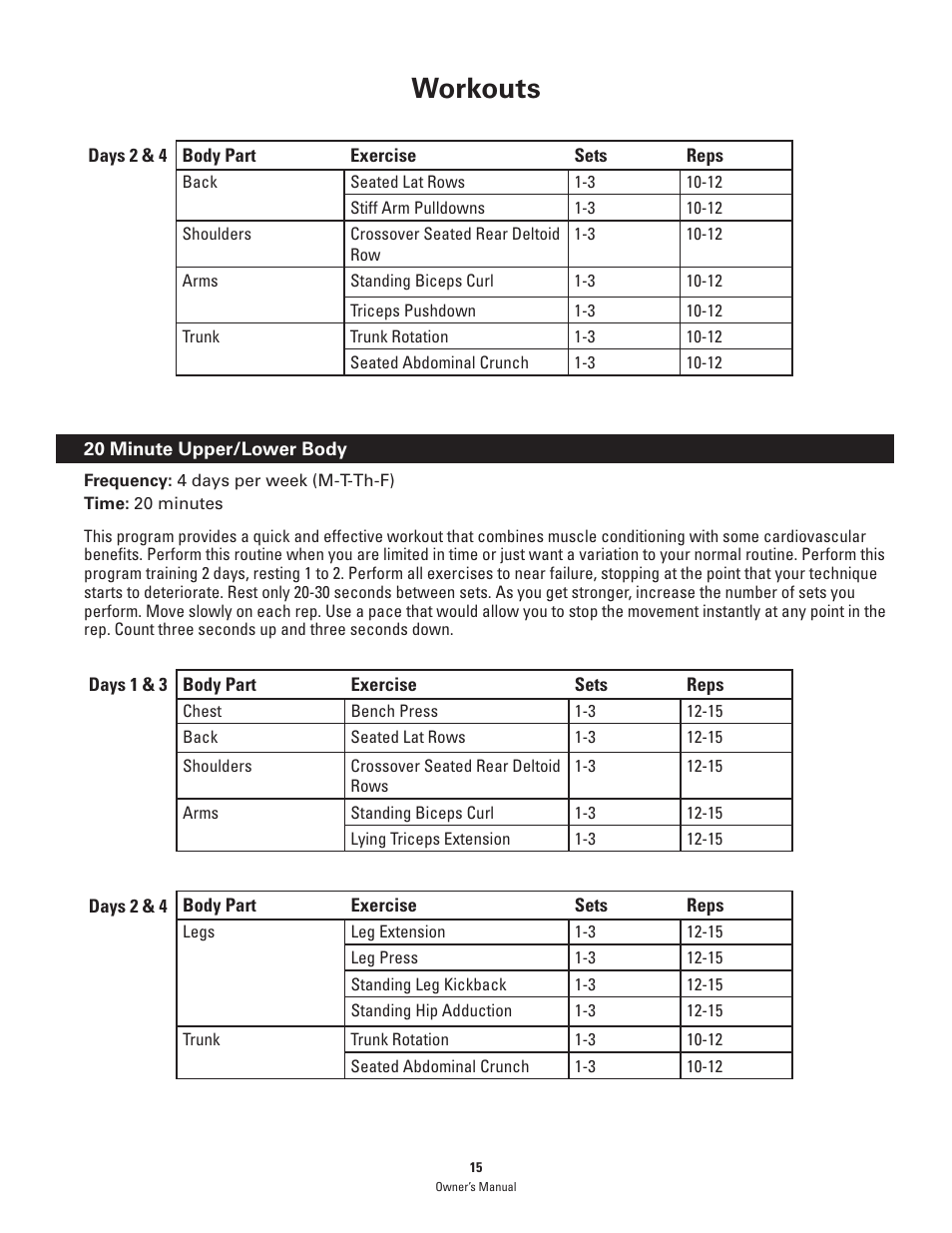 Workouts | Bowflex PR1000 User Manual | Page 15 / 36