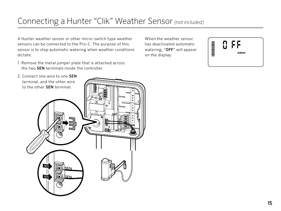 Connecting a hunter “clik” weather sensor | Hunter PRO-C (PCC) User Manual | Page 15 / 40
