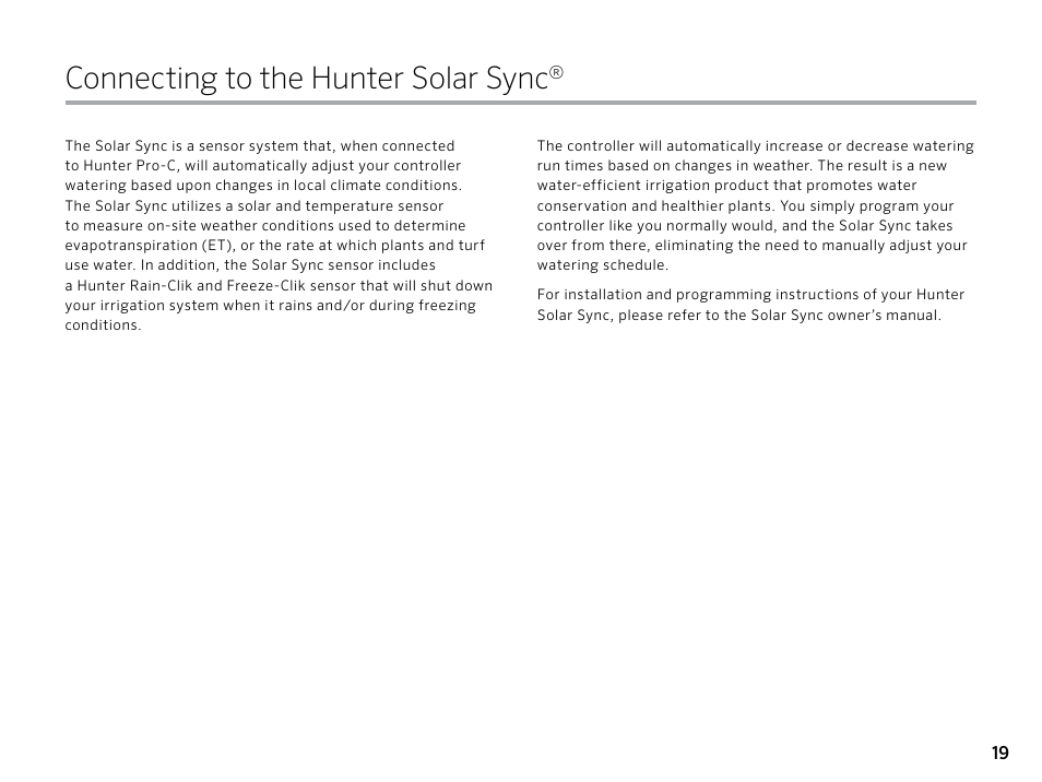 Connecting to the hunter solar sync | Hunter PRO-C (PCC) User Manual | Page 19 / 40