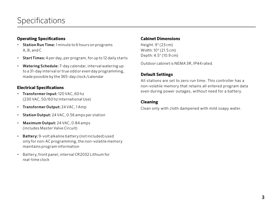Specifications | Hunter PRO-C (PCC) User Manual | Page 3 / 40