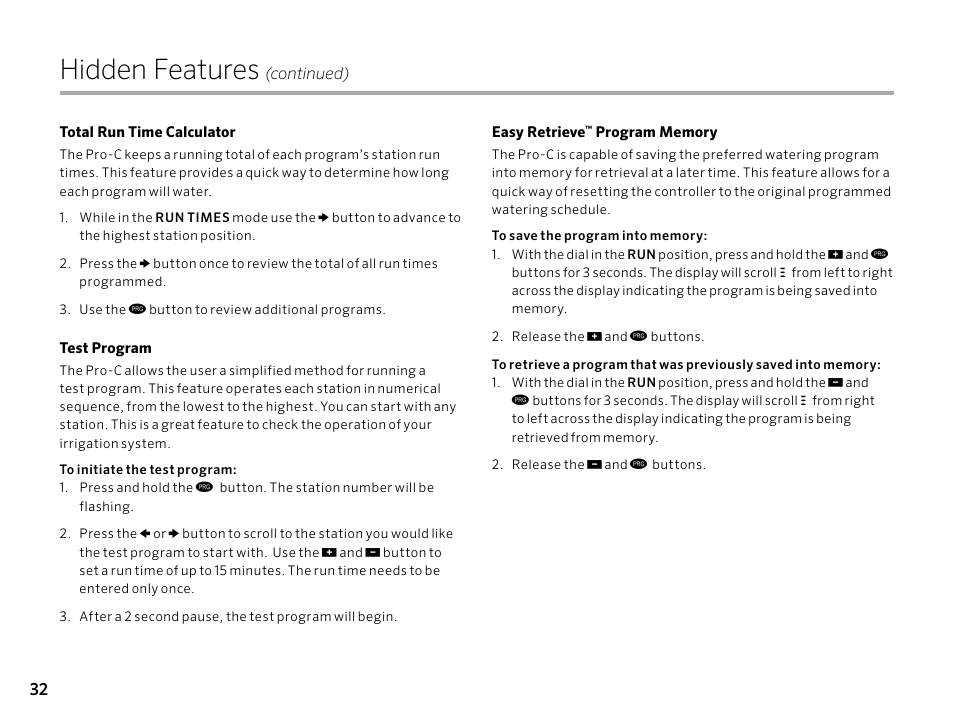Hidden features | Hunter PRO-C (PCC) User Manual | Page 32 / 40