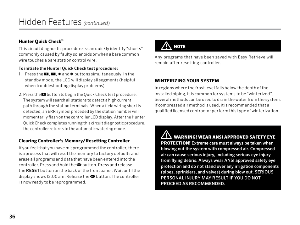 Hidden features | Hunter PRO-C (PCC) User Manual | Page 36 / 40