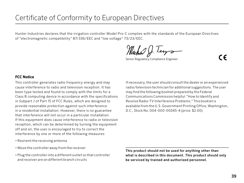 Certificate of conformity to european directives | Hunter PRO-C (PCC) User Manual | Page 39 / 40