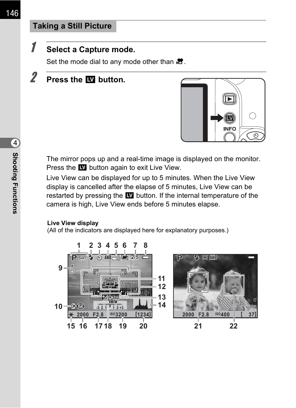 Select a capture mode, Press the u button, Taking a still picture | Pentax K-X User Manual | Page 148 / 324