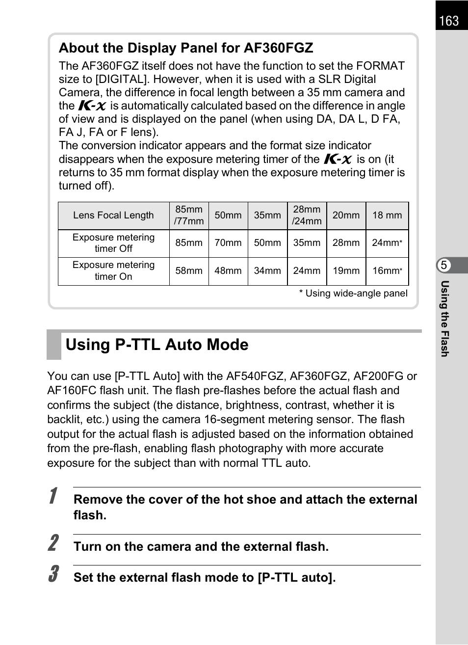 Using p-ttl auto mode, About the display panel for af360fgz | Pentax K-X User Manual | Page 165 / 324