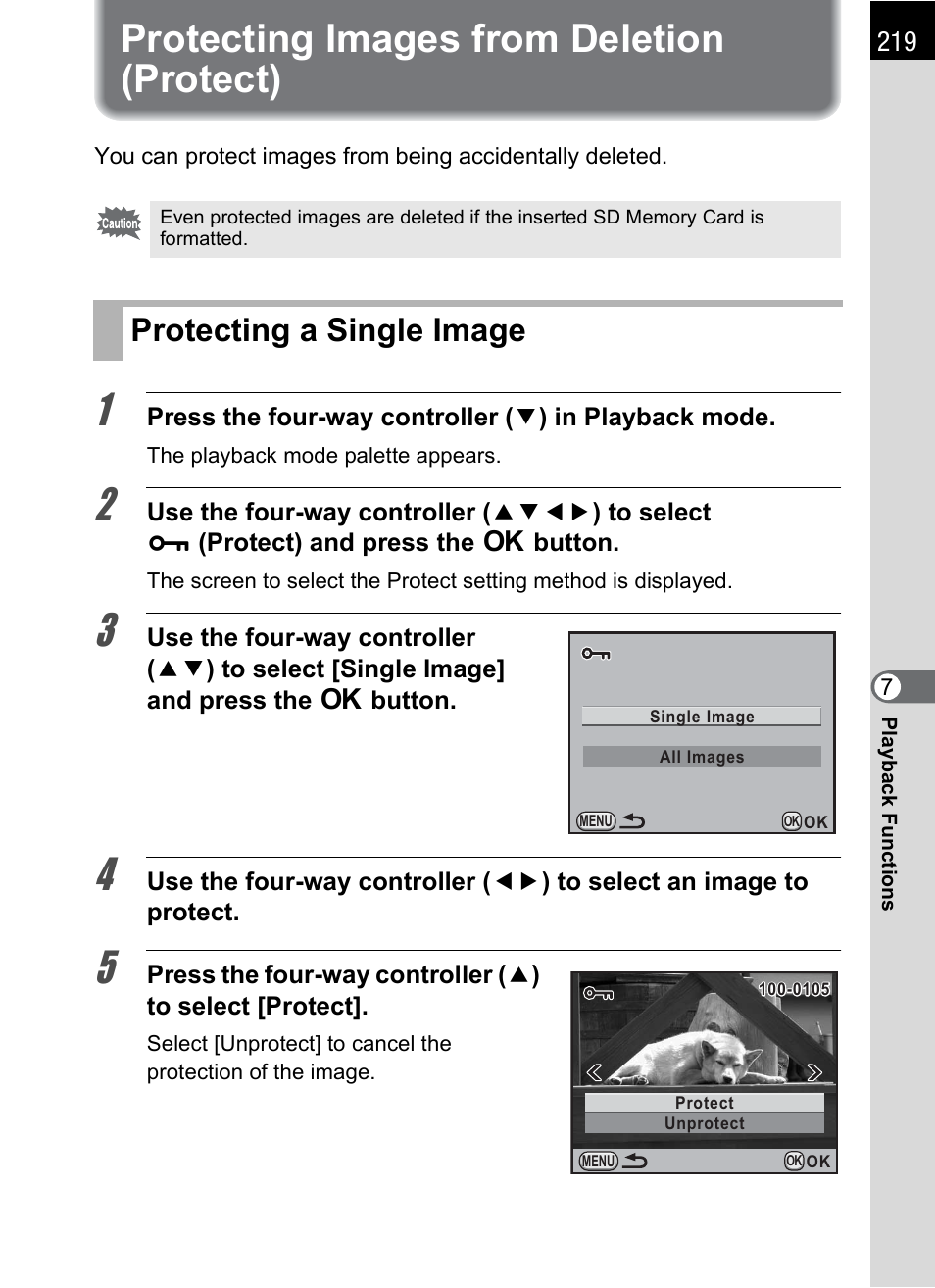 Protecting images from deletion (protect), Protecting a single image, P.219) | P.219 | Pentax K-X User Manual | Page 221 / 324