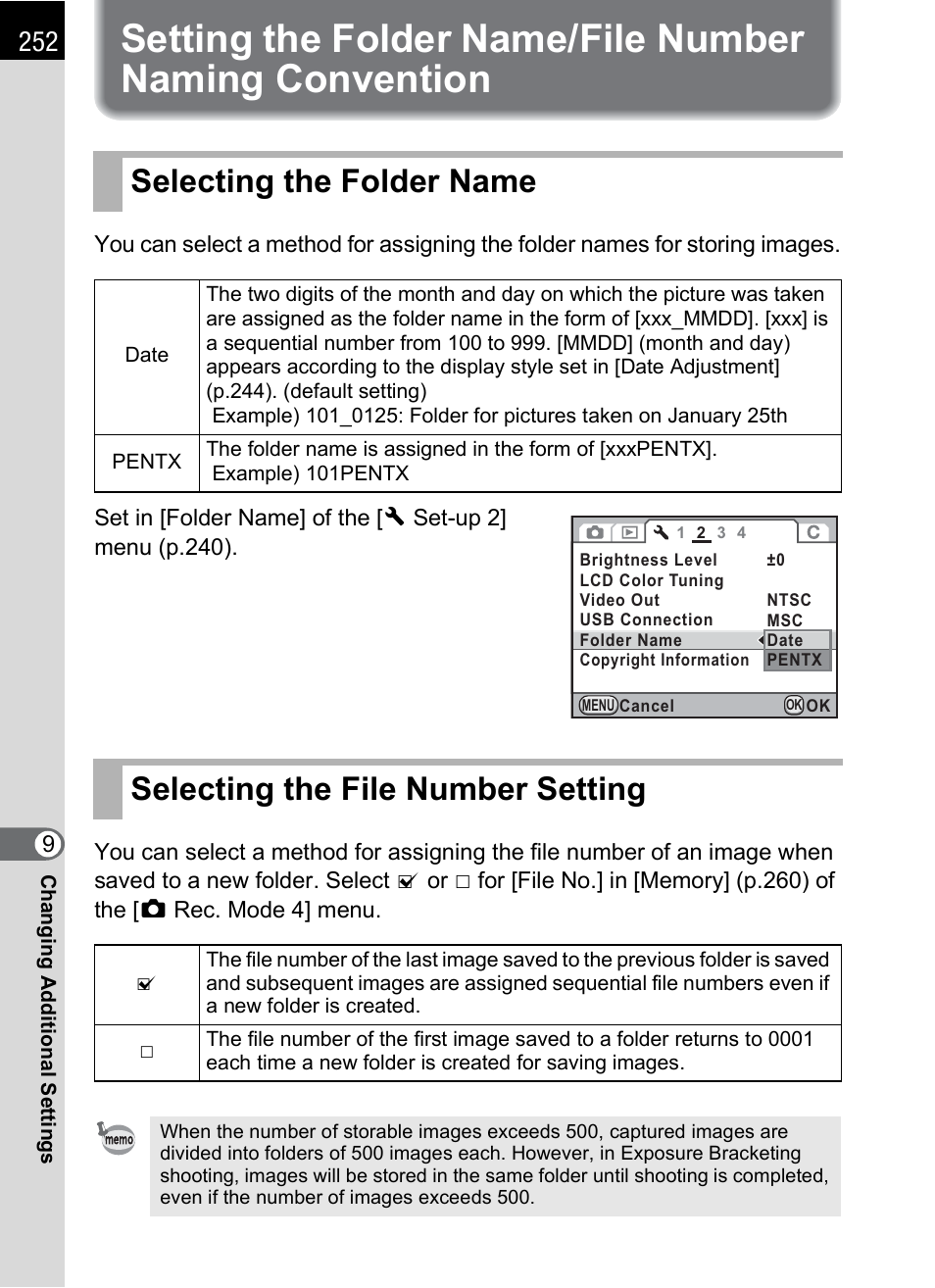 Selecting the folder name, Selecting the file number setting, P.252) | P.252 | Pentax K-X User Manual | Page 254 / 324