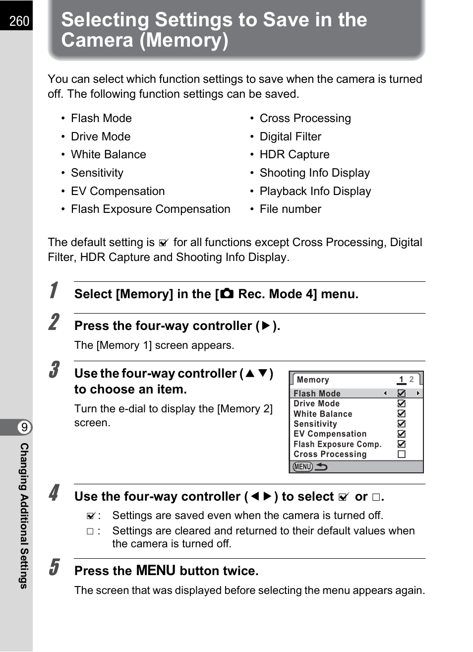 Selecting settings to save in the camera (memory), P.260), P.260 | P.260) of | Pentax K-X User Manual | Page 262 / 324