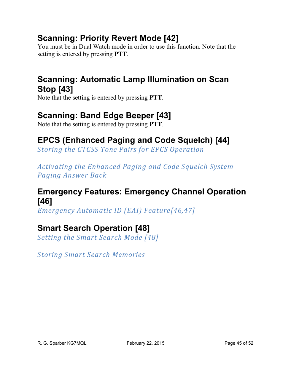 Scanning: priority revert mode [42, Scanning: band edge beeper [43, Epcs (enhanced paging and code squelch) [44 | Smart search operation [48 | Yaesu FT-60R User Manual | Page 45 / 52