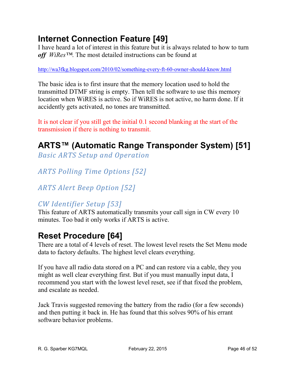 Internet connection feature [49, Arts™ (automatic range transponder system) [51, Reset procedure [64 | Yaesu FT-60R User Manual | Page 46 / 52