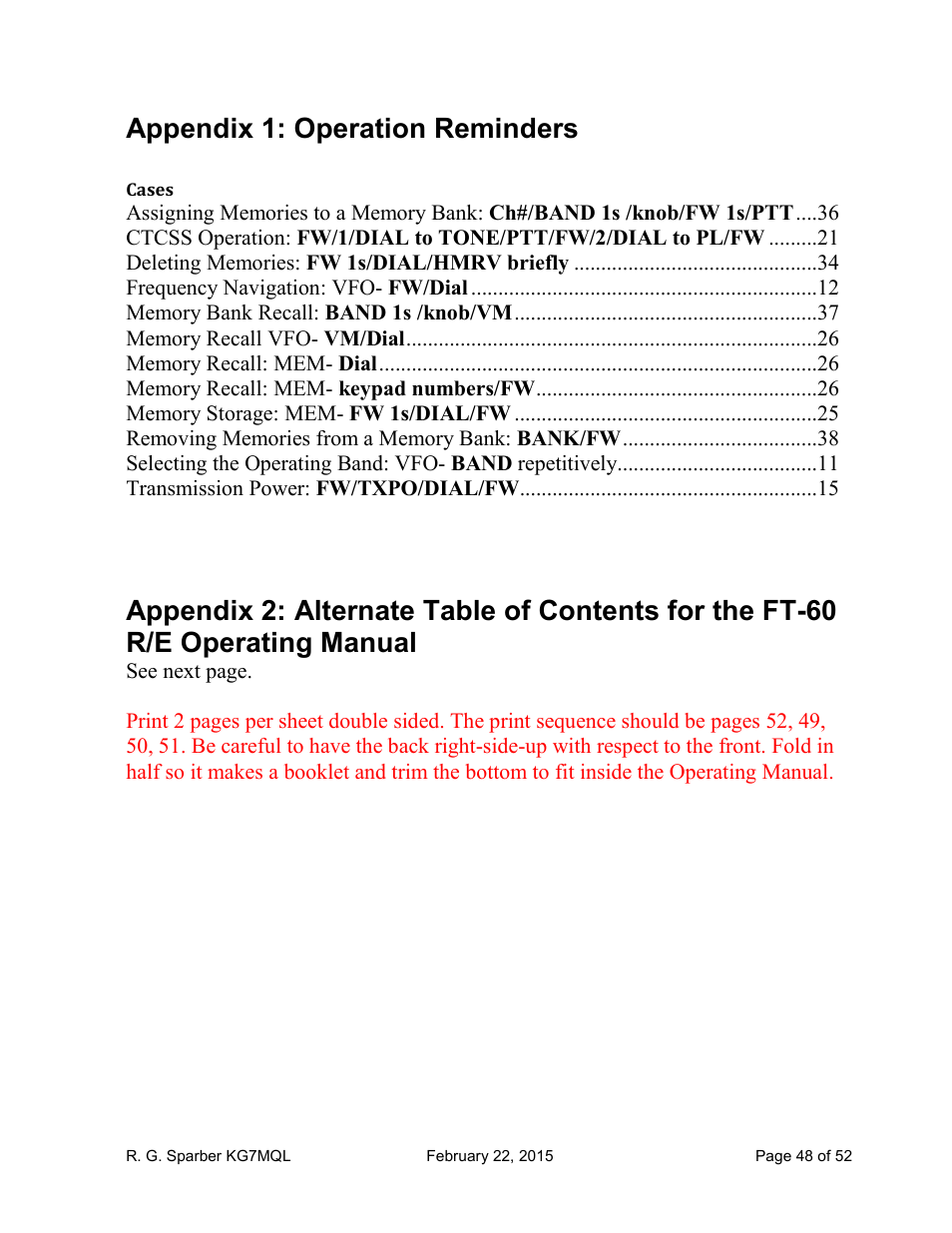Appendix 1: operation reminders | Yaesu FT-60R User Manual | Page 48 / 52