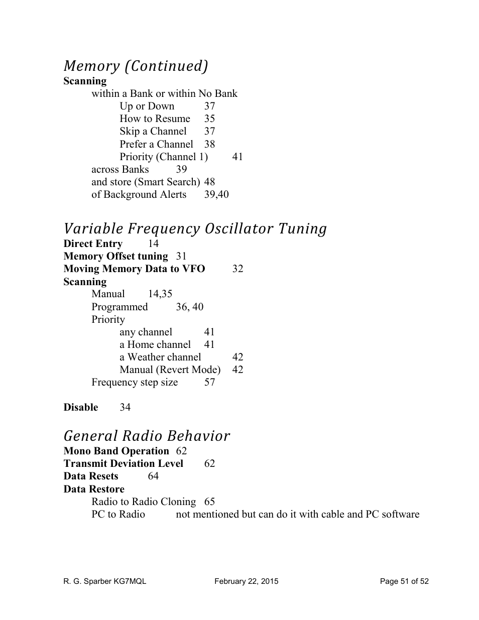 Variable frequency oscillator tuning, General radio behavior | Yaesu FT-60R User Manual | Page 51 / 52