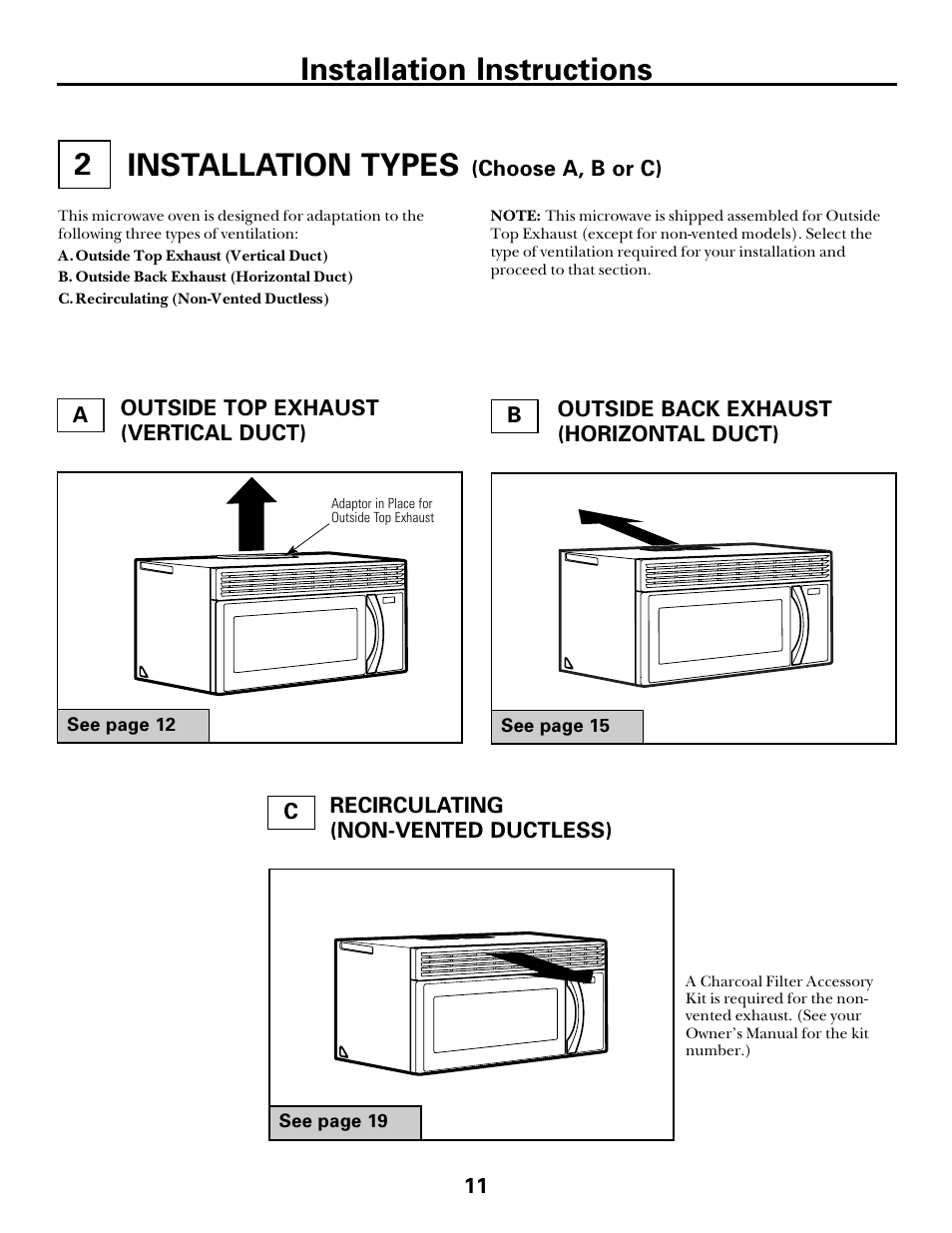 Installation types, Installation types –22, Installation instructions 2 | GE spacemaker xl1800 User Manual | Page 11 / 24