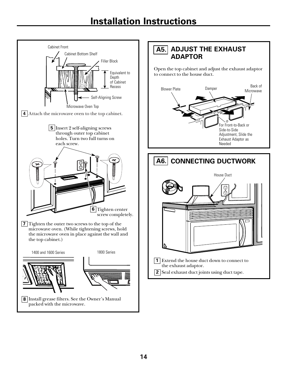 Adjust the exhaust adaptor, Connecting ductwork, Installation instructions | Adjust the exhaust adaptor a5 | GE spacemaker xl1800 User Manual | Page 14 / 24