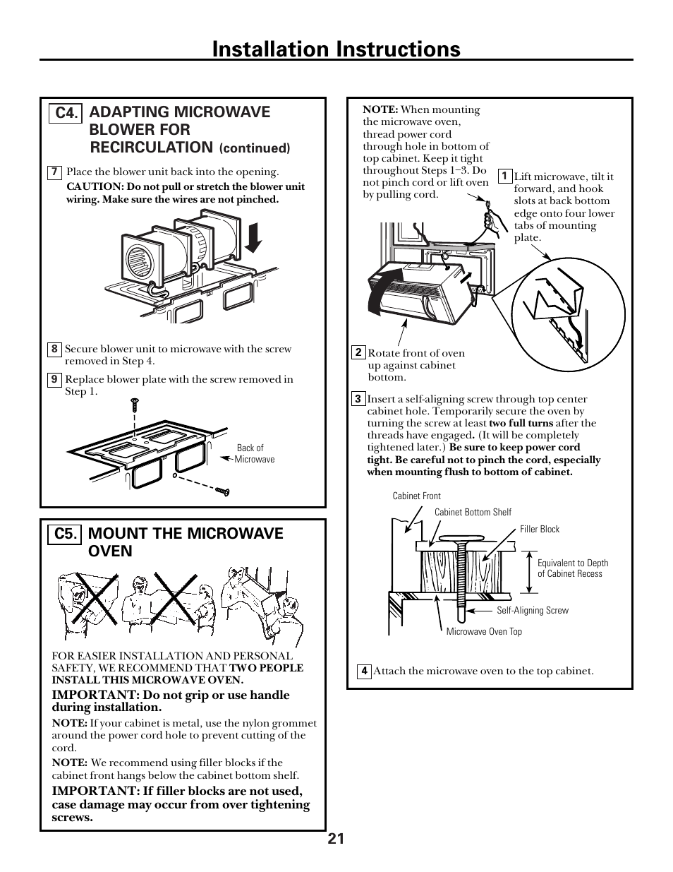 Mount the microwave oven, Mount the microwave, Oven –22 | Installation instructions, Adapting microwave blower for recirculation, C4. 21, Mount the microwave oven c5 | GE spacemaker xl1800 User Manual | Page 21 / 24