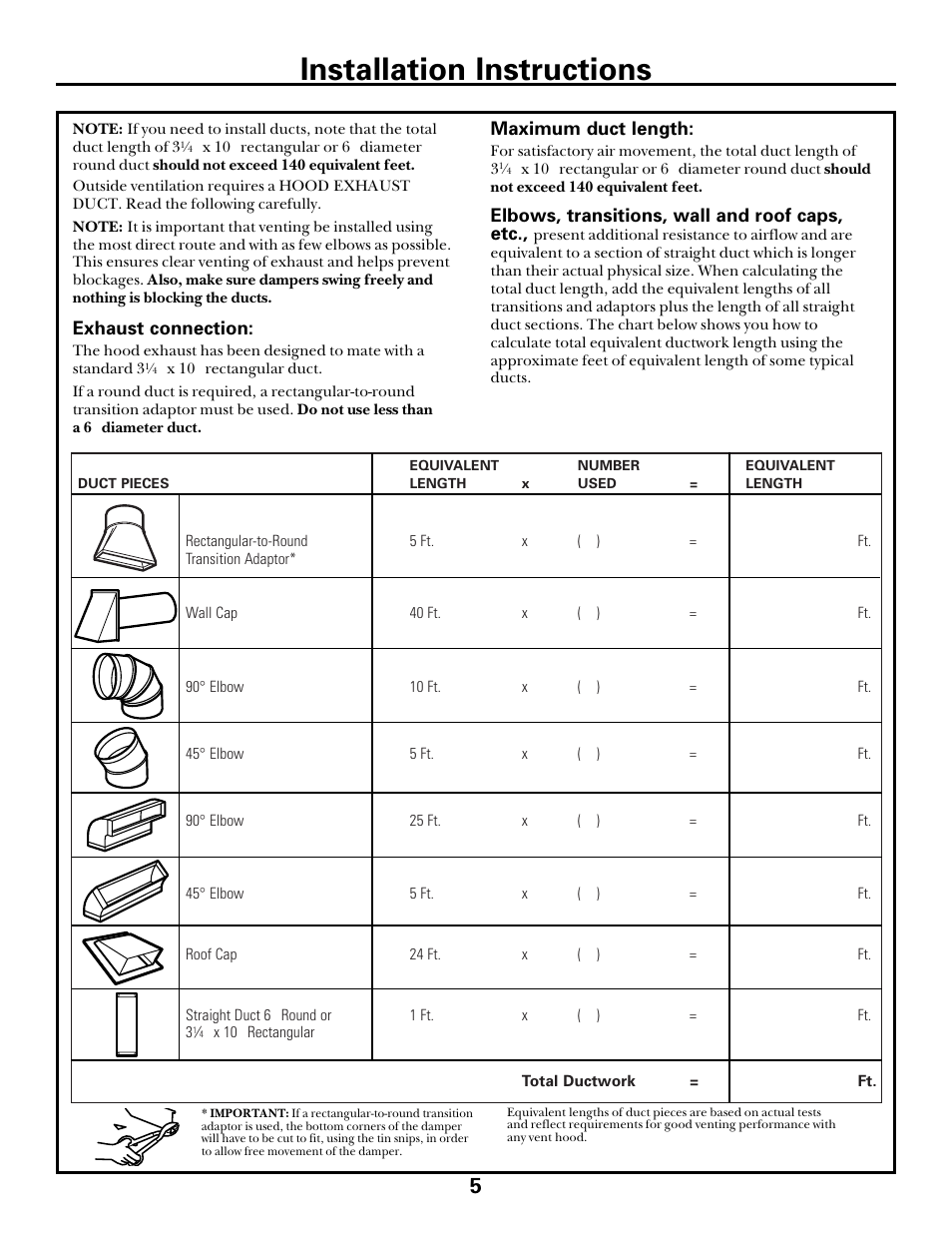 Installation instructions | GE spacemaker xl1800 User Manual | Page 5 / 24