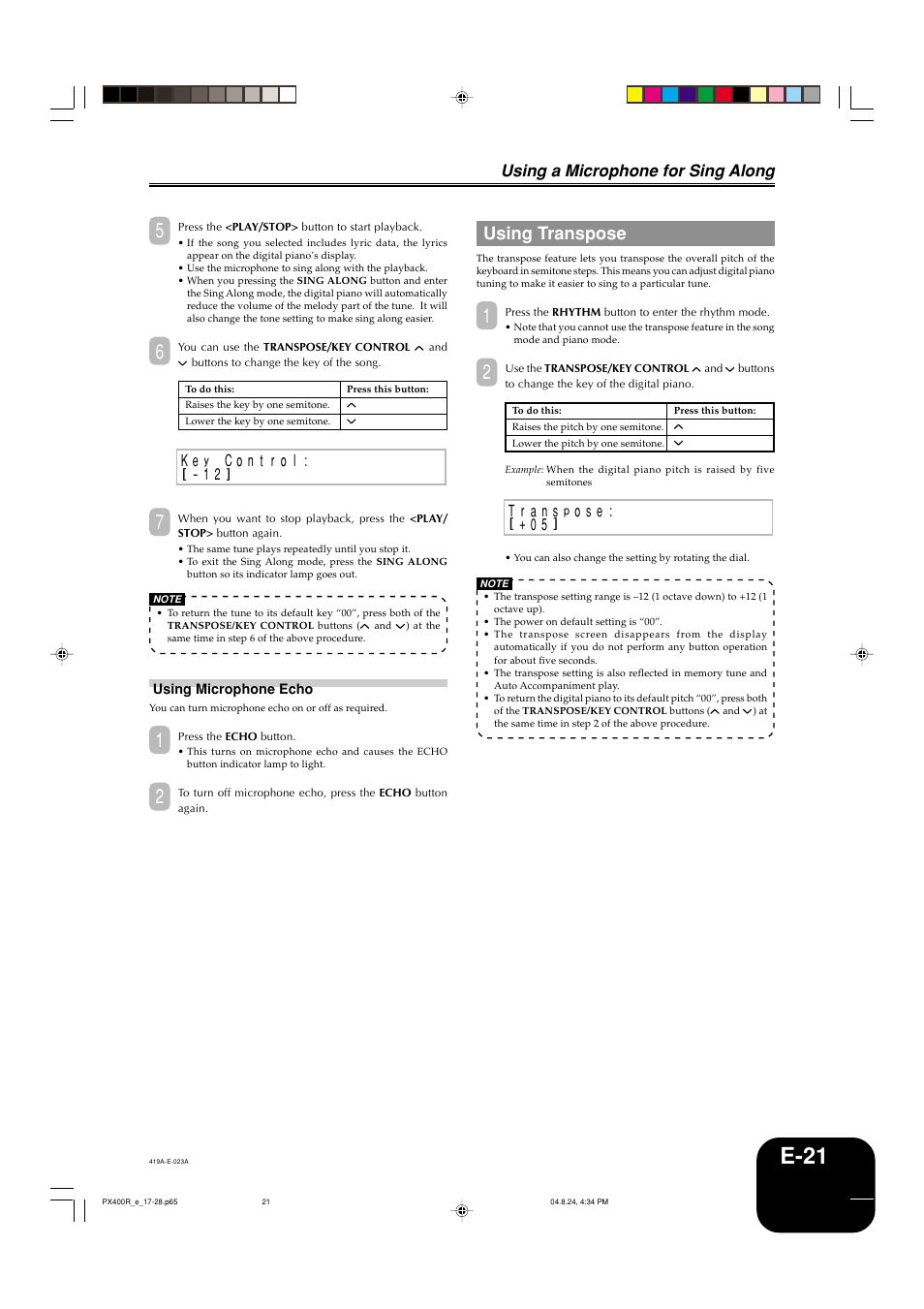E-21, Using transpose, Using a microphone for sing along | O s e | Casio PX-400R User Manual | Page 23 / 49