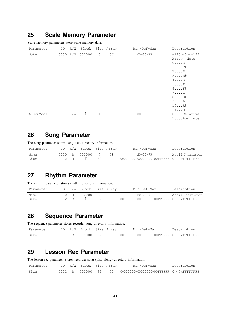 26 song parameter, 27 rhythm parameter, 28 sequence parameter | 29 lesson rec parameter | Casio LK-270 User Manual | Page 41 / 46