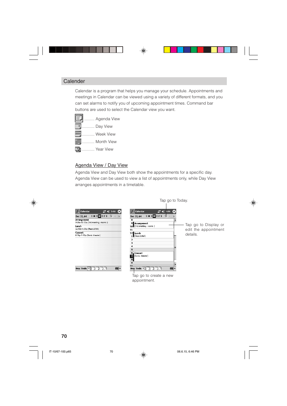 Calender | Casio Stylus User Manual | Page 70 / 126