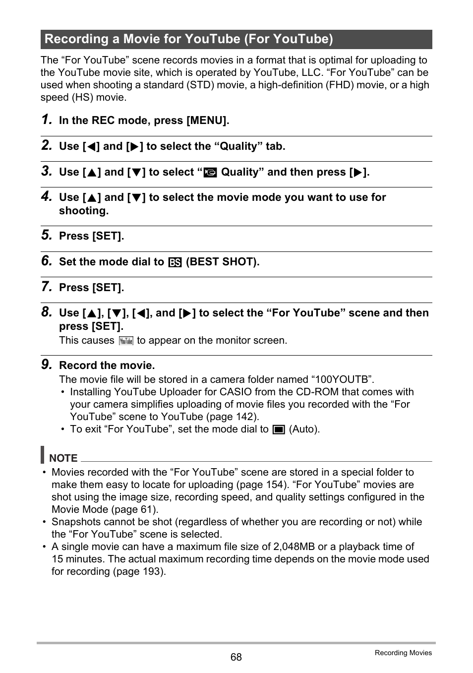 Recording a movie for youtube (for youtube) | Casio EXILIM EX-ZR100 User Manual | Page 68 / 205