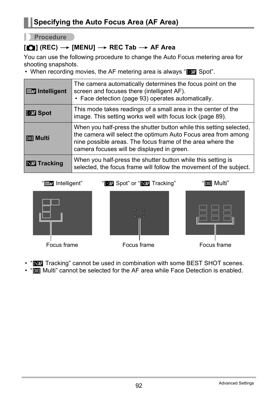 Specifying the auto focus area (af area) | Casio EXILIM EX-ZR15 User Manual | Page 92 / 195