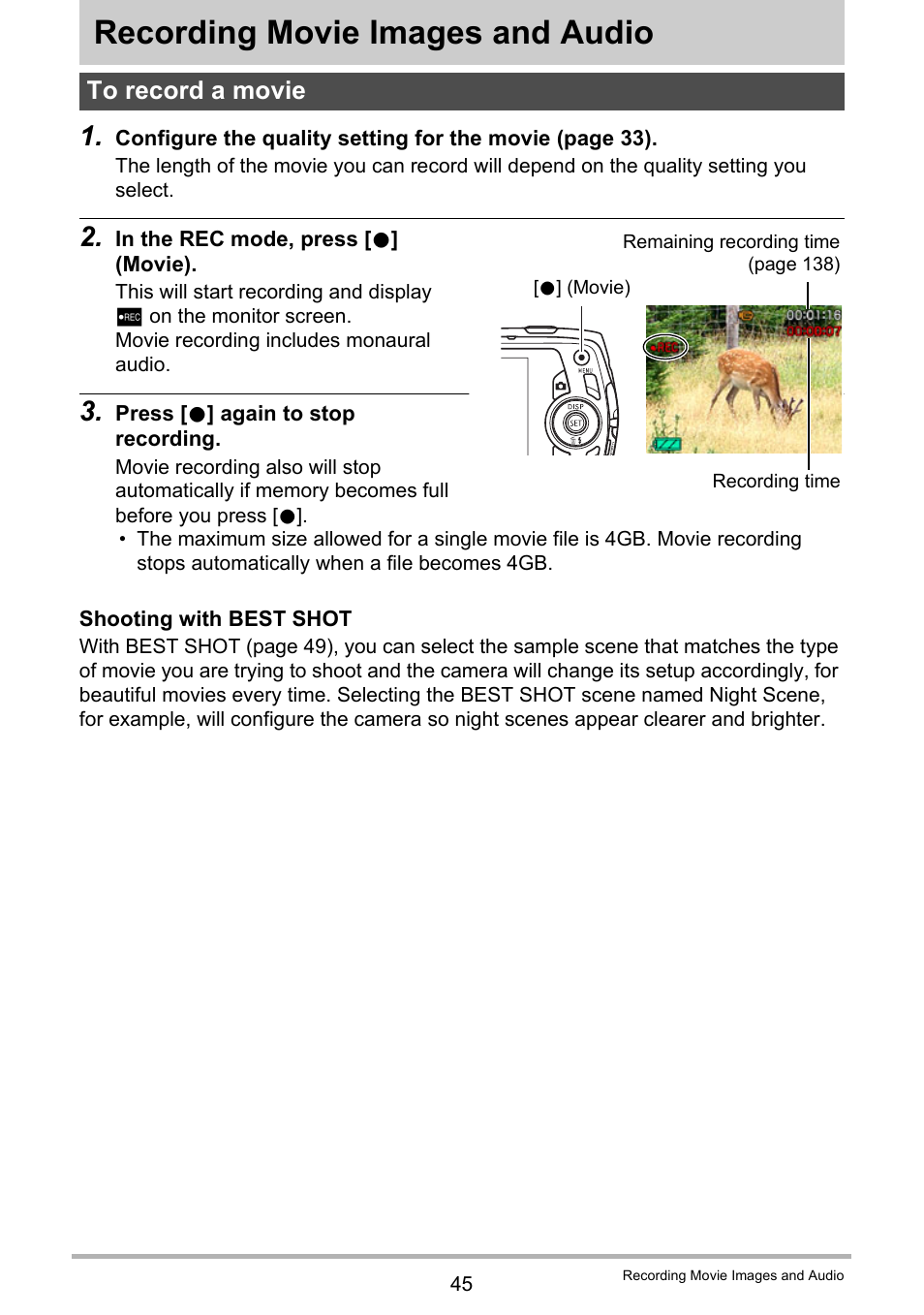 Recording movie images and audio, To record a movie | Casio Exilim EX-S8 User Manual | Page 45 / 143