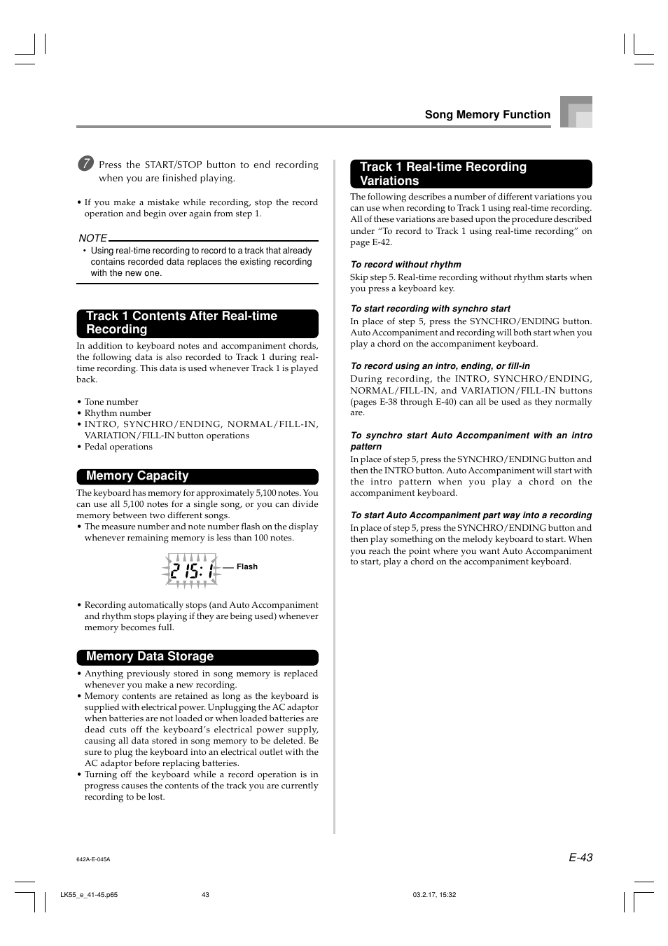 Track 1 contents after real-time recording, Track 1 real-time recording variations | Casio LK-55  EN User Manual | Page 45 / 83