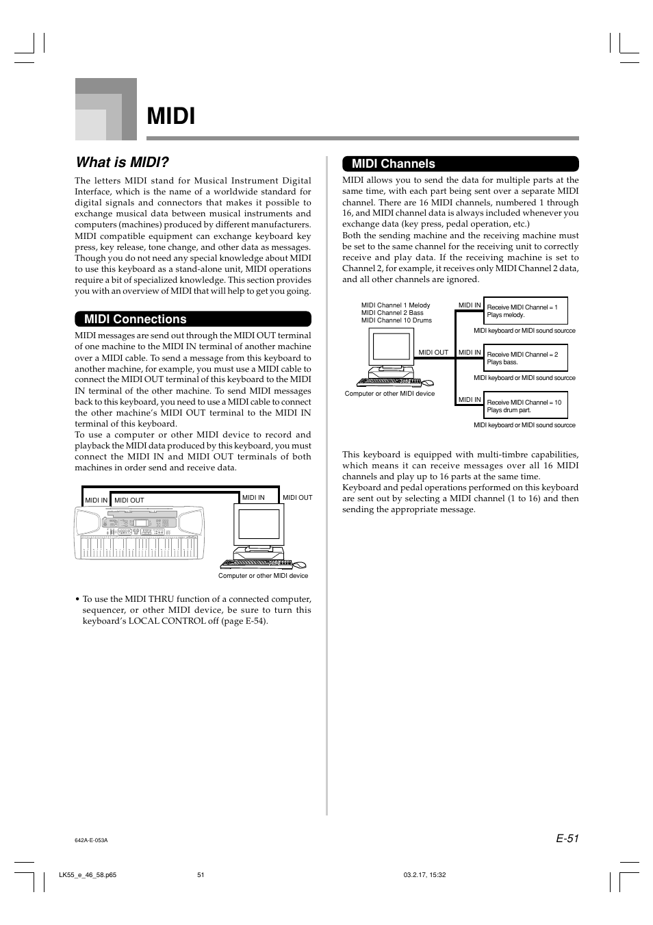 Midi, What is midi, Midi connections | Midi channels, E-51 | Casio LK-55  EN User Manual | Page 53 / 83