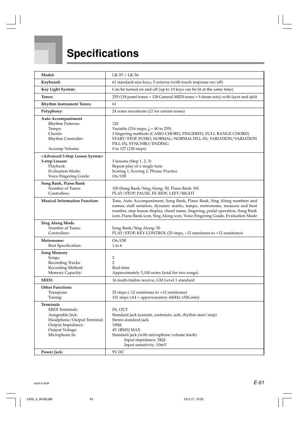 Specifications, E-61 | Casio LK-55  EN User Manual | Page 63 / 83