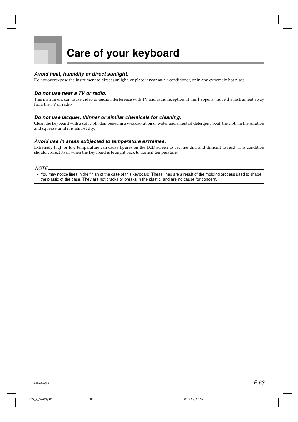 Care of your keyboard | Casio LK-55  EN User Manual | Page 65 / 83