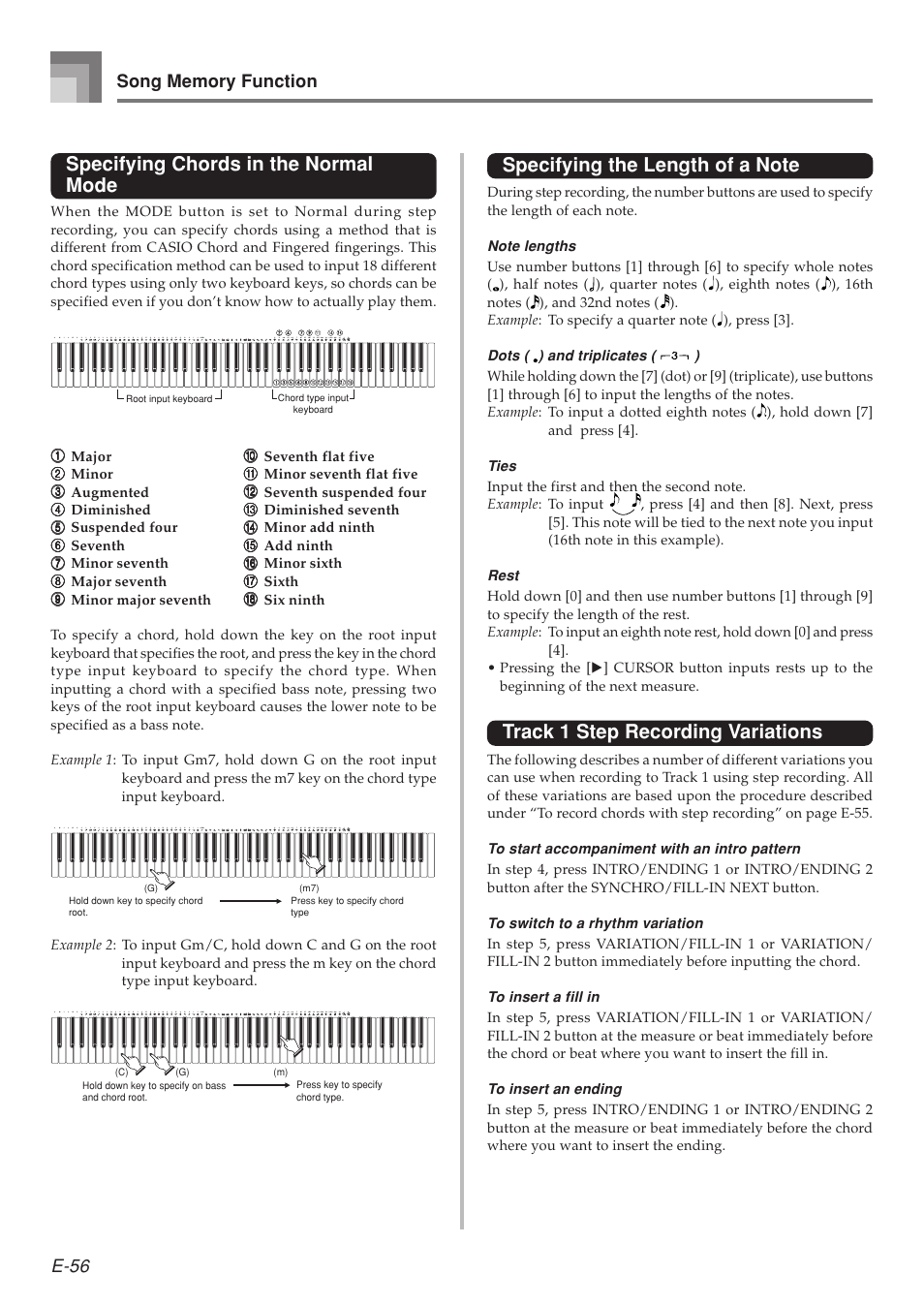 Specifying chords in the normal mode, Track 1 step recording variations, E-56 | Casio 575E1A User Manual | Page 58 / 100