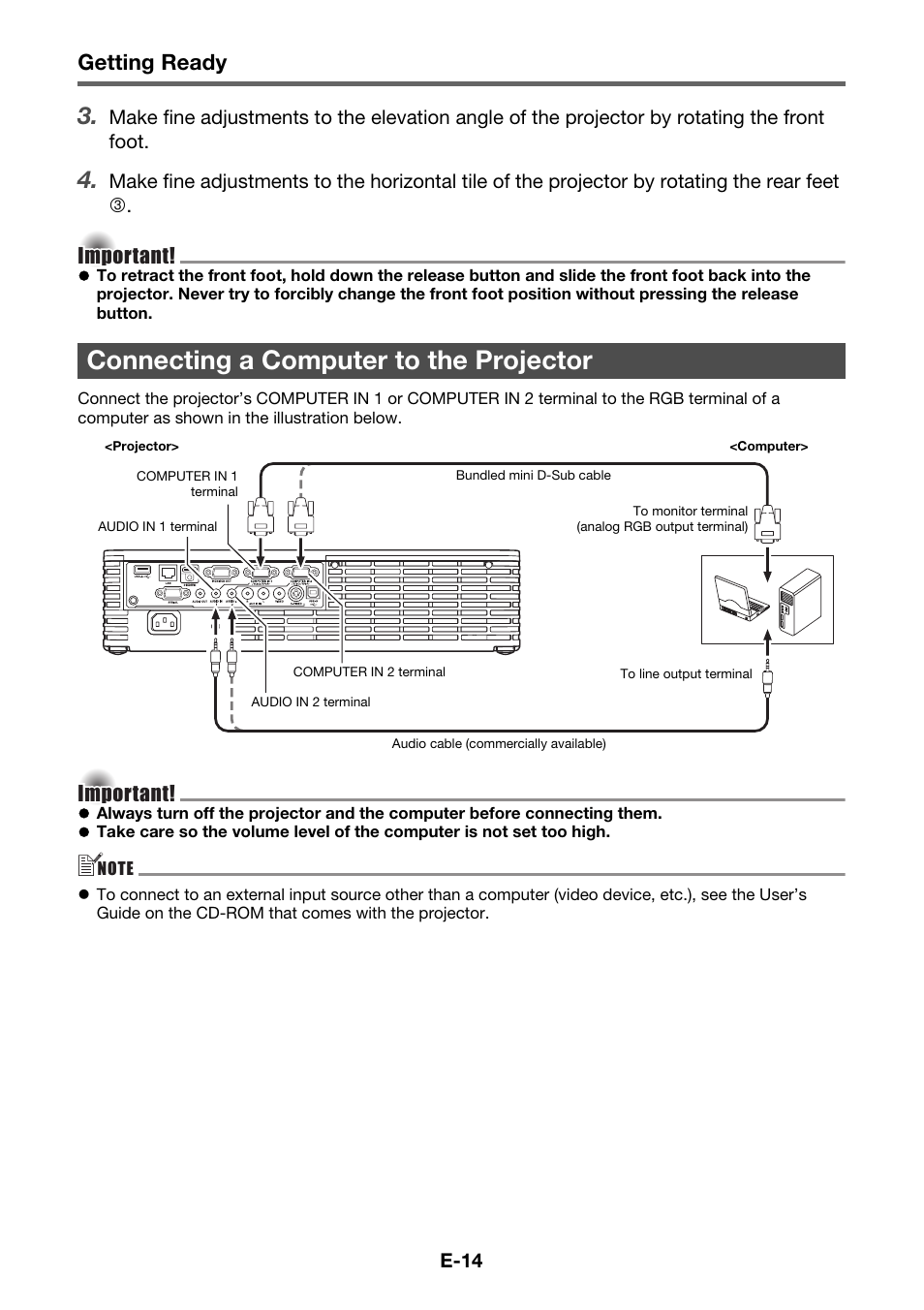 Connecting a computer to the projector, Getting ready, Important | Casio XJ-H1600 User Manual | Page 16 / 26