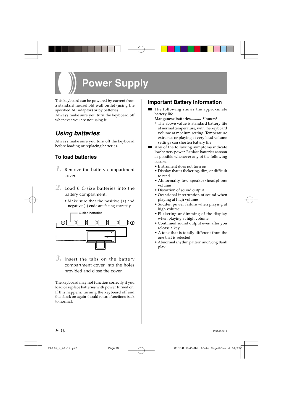 Power supply, Using batteries | Casio MA-150 User Manual | Page 12 / 43