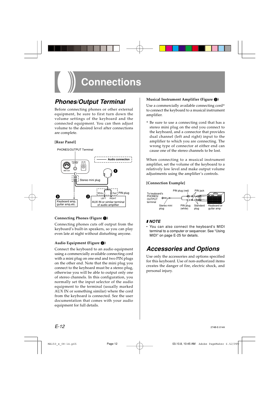 Connections, Phones/output terminal, Accessories and options | E-12 | Casio MA-150 User Manual | Page 14 / 43