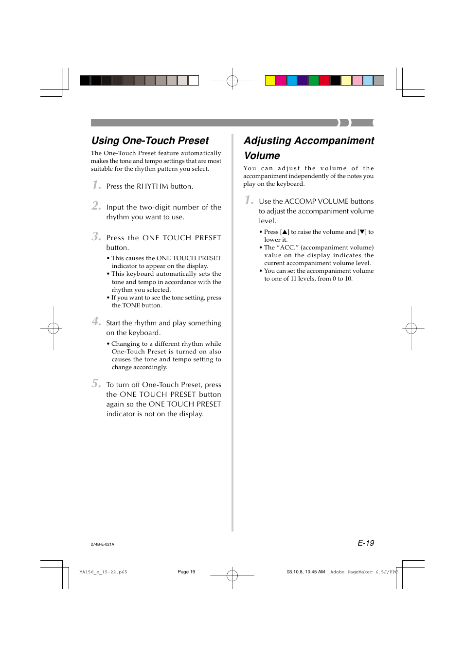 Using one-touch preset, Adjusting accompaniment volume | Casio MA-150 User Manual | Page 21 / 43