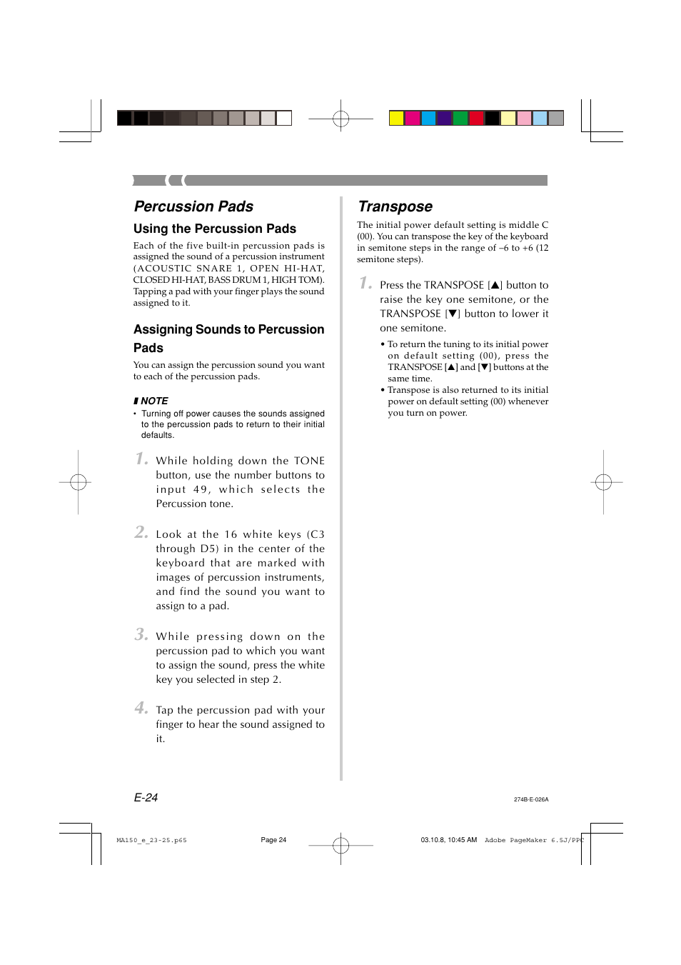 Percussion pads, Transpose | Casio MA-150 User Manual | Page 26 / 43