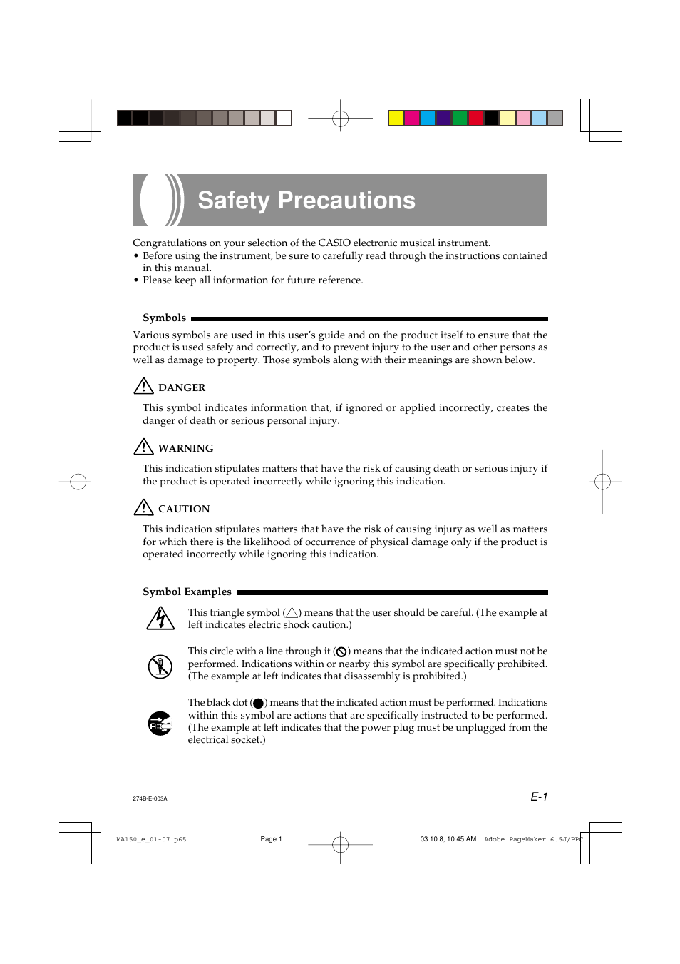 Safety precautions | Casio MA-150 User Manual | Page 3 / 43