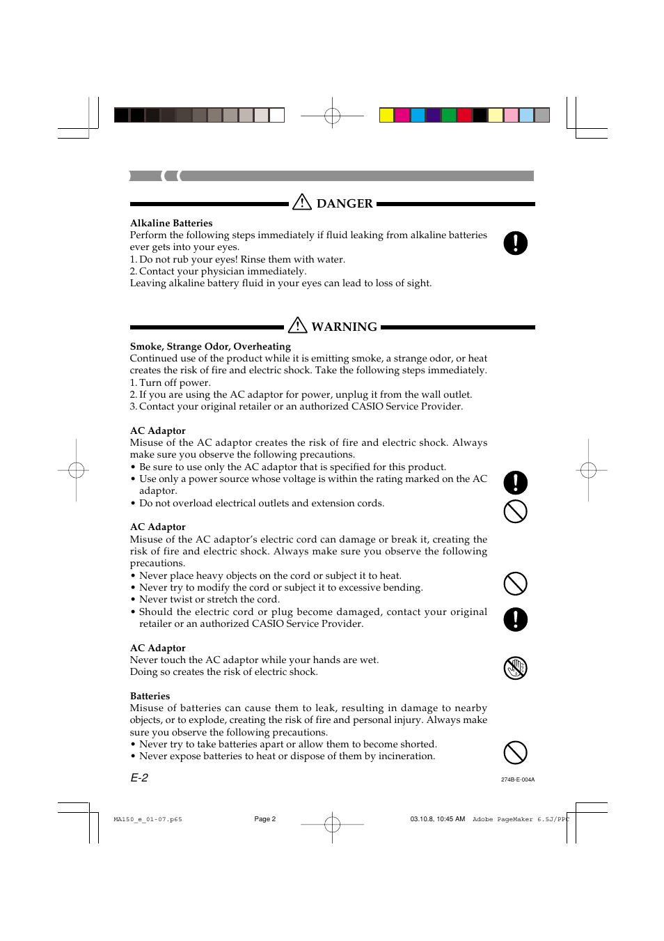 Danger, Warning | Casio MA-150 User Manual | Page 4 / 43